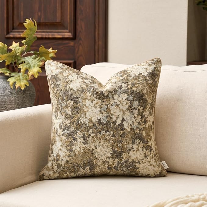 Yangest Neutral Floral Pillow Cover 24 x 24 Inches, Vintage Chenille Square Throw Pillow Cover Soft Decorative Farmhouse Accent Couch Pillow Cover for Living Room Bedroom, Beige