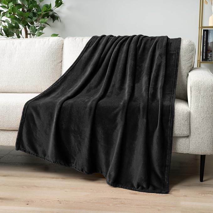 PAVILIA Black Fleece Bed Blanket Queen Size, Super Soft Fuzzy Flannel Throw for Couch Sofa, Luxury Plush Microfiber Large Throw Blanket Queen Bed, Home Cozy Velvet Gift Blanket, 90x90