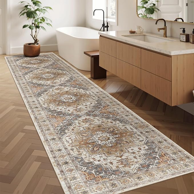 Madane Hallway Runner Rug 2'6''x12' Kitchen Runners Vintage, Turmeric/Grey | Non-Slip Washable Rugs 12ft for Laundry Room, Entryway and Bedroom, Soft Low Pile Stain-Resistant Wide 2.5x12 Ft Floor Carpet