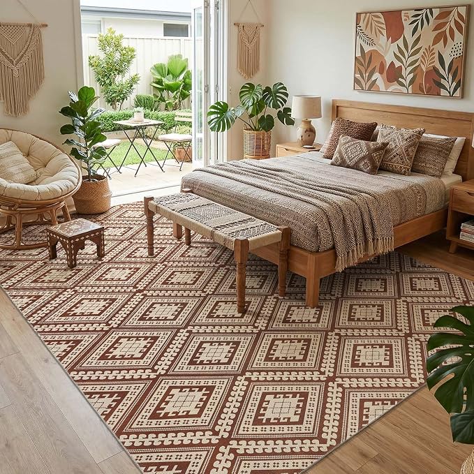 jinchan 8x10 Faux Jute Area Rug Washable Tile-Inspired Rug Terracotta Brown | Vintage Geometric, Non-Slip, Low Pile, Indoor Outdoor, Natural Fiber Look, Living Room, Dining Room, Backyard, Bedroom, Patio