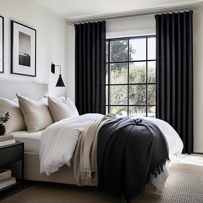 Black Viral Sheer Curtains 84 Inches Long for Living Room 2 Panels Set, Modern Pinch Pleat Textured Linen Bedroom Curtain Light Filtering Privacy Aesthetic Window Drapes for Ceiling Track 84 Inch Burg