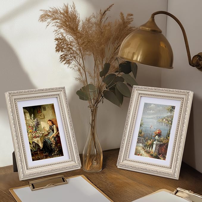 eletecpro 5x7 Vintage Picture Frame, Glass Cover, Silver Beige, 2-Pack