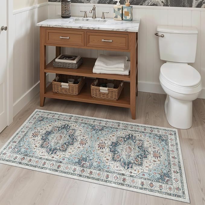 Madane Washable Area Rug 2x4, Small Entryway Rugs Non-Slip, Blue | Vintage Printed Door Mat Indoor Entrance, Low-Pile Floor Carpet Runner for Inside Front Bedroom Kitchen Entry Laundry, Stair