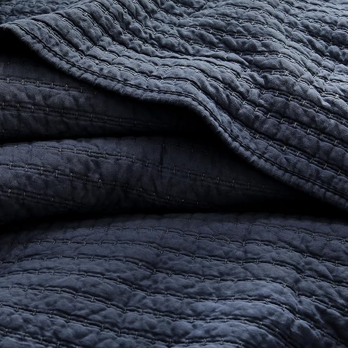 WDCOZY 100% Cotton Twin Size Quilt Set - Navy Blue Striped Pick Stitch Soft Lightweight Bedspread, Textured Like Linen, Farmhouse Country Rustic Coverlet, Shabby Chic Gauze Bedding, 2 Pieces