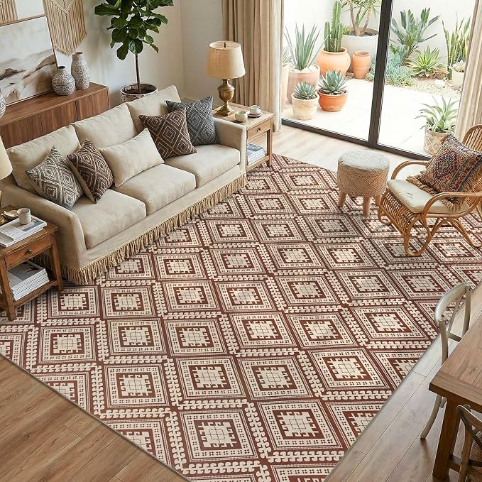 jinchan 8x10 Faux Jute Area Rug Washable Tile-Inspired Rug Terracotta Brown | Vintage Geometric, Non-Slip, Low Pile, Indoor Outdoor, Natural Fiber Look, Living Room, Dining Room, Backyard, Bedroom, Patio