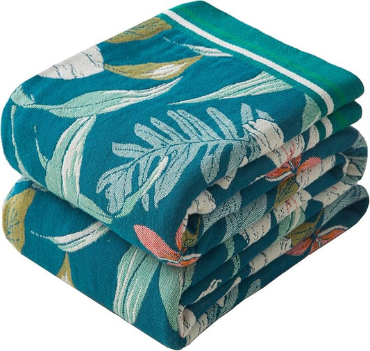 Phuryllic Boho Throw Blanket Twin Size, Soft Cozy Cotton Muslin Quilt Blanket for Bed Decor, Floral Patterned Couch Sofa Chair Cover, Vintage Farmhouse Cottage Tapestry Woven Blanket, Teal&Green