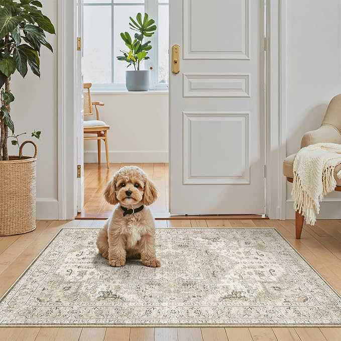 Madane Washable Area Rug 2x3 Small Entryway Rugs Non-Slip, Ivory/Brown | Vintage Stain-Resistant Door Mat Indoor Entrance, Low Pile Floor Carpet for Inside Front Bedroom Kitchen Entry Laundry, Stair
