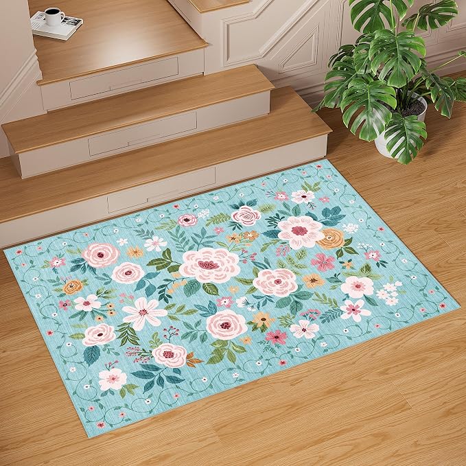 DUKINO 2x3 Entryway Rug, Floral Door Mat Soft Washable Rug Non Slip, Teal | Low Pile, Non-Shedding Small Rug for Kitchen, Entrance, Bedroom, Bathroom, Pet Friendly, Stain Resistant, Modern Home Decor