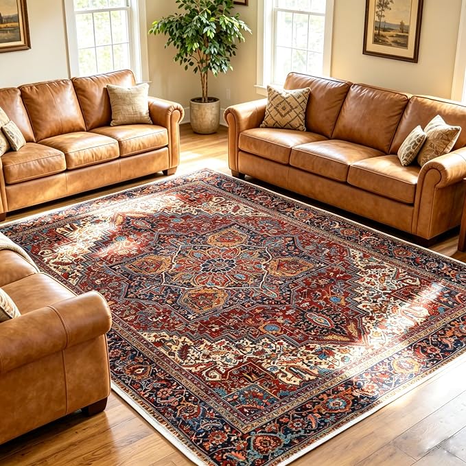 Red 8x10 Washable Rug for Living Room, Non Slip Area Rug for Bedroom | Soft faux wool, machine washable & stain resistant. Non-slip rubber backing, low pile. For living room, bedroom, office.