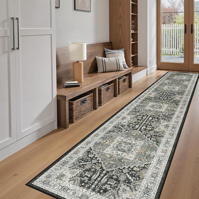 Madane Washable Runner Rugs 2x10 for Hallway Kitchen Grey Green/Black Olive | Non-Slip Low-Pile 10ft Rug Runners Soft, Stain-Resistant Floor Carpet Mat for Entrance, Living Dining Laundry Room, Stair