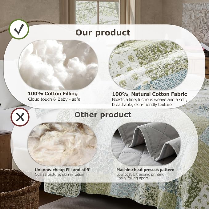 WDCOZY 100% Cotton Reversible Patchwork Quilt King Size, Lightweight Farmhouse Vintage Shabby Chic Bedding Set with 2 Pillow Shams, Green Floral Printed Pattern Bedspread Coverlet for All Seasons