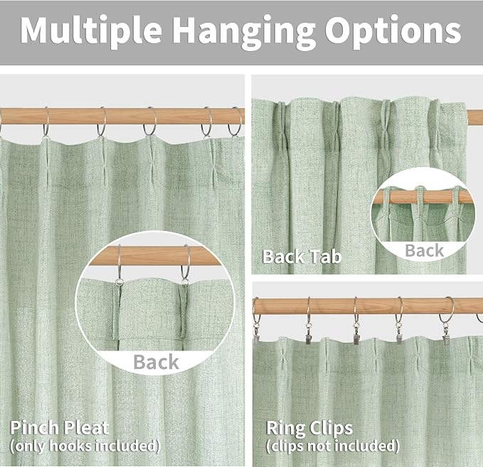 YoungsTex Sage Geen Kitchen Linen Curtains 36 Inch Length, Light Filtering Short Burlap Textured Drapes for Cafe Bathroom Small Window Rustic Country with Pinch Pleated, 2 Panels, 40 X 36 Inch