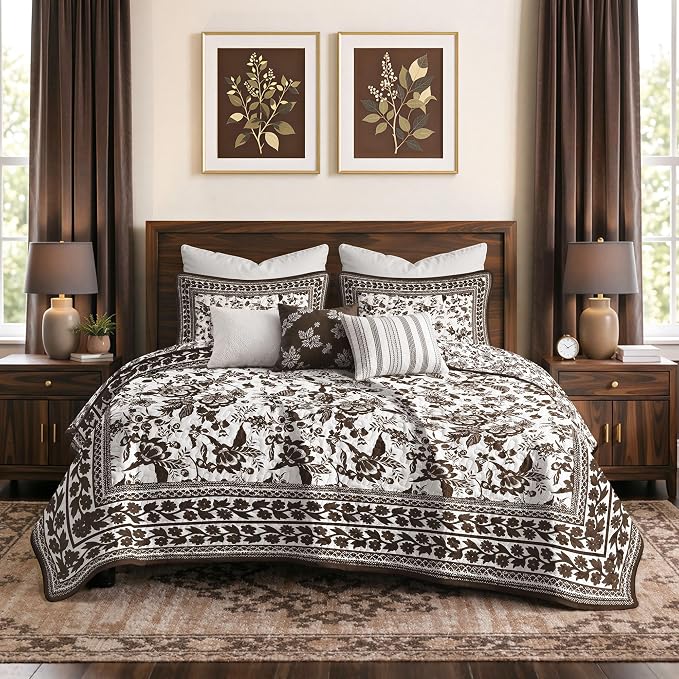FLYMME Brown and White Vintage Floral Quilt Set Full/Queen Size, 3-Piece Classic Reversible Bedspread Coverlet with 2 Pillow Shams, Lightweight Botanical Bedding Set for All Season