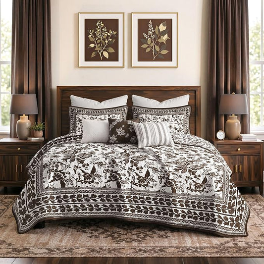 FLYMME Brown and White Vintage Floral Quilt Set Full/Queen Size, 3-Piece Classic Reversible Bedspread Coverlet with 2 Pillow Shams, Lightweight Botanical Bedding Set for All Season