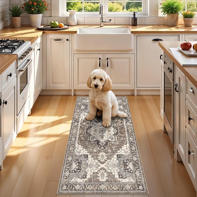 RUUGME Entryway 2x4 Runner Rug: Washable Vintage Rugs Low Pile Lightweight Stain Resistant Carpet for Kitchen Bedroom Non-Slip Soft Thin Floor Mat for Bathroom Laundry Room (Beige,2x4)