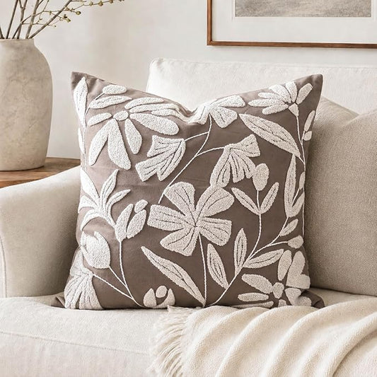 BlissBlush Decorative Throw Pillow Cover 20x20 Inch, Taupe Brown Floral Tufted Velvet Accent Pillow Case for Sofa Bed Living Room, Cover Only