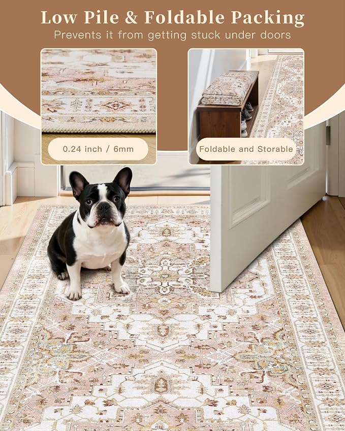Madane Washable Runner Rug 2x6 Runners for Hallways Non Slip, Pink | Vintage Stain-Resistant 6 Feet Kitchen Rug, Soft Low-Pile Ultra-Thin Floor Carpet Mat for Bathroom Laundry Room Bedroom 2x6ft