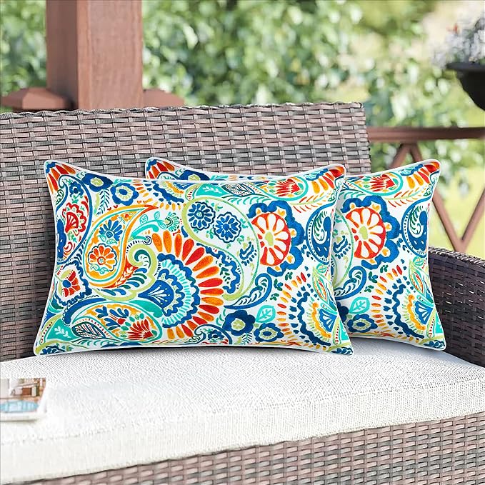 Magpie Fabrics Patio Lumbar Pillow Covers ONLY 20"x12", Set of 2, Outdoor Indoor Cushion Cases Decorative Throw Rectangular Pillowcase Shell for Couch Garden - Paisley Multi