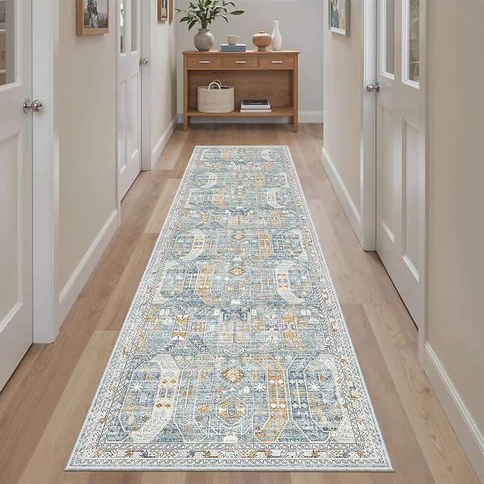 Madane Hallway Runner Rug 2x8 Washable Kitchen Rugs Non-Slip, Blue/Gold | Vintage Machine Washable Low-Pile Floor Carpet 8ft, Soft Ultra-Thin Throw Entry Foyer Mat for Entrance Laundry Living Room
