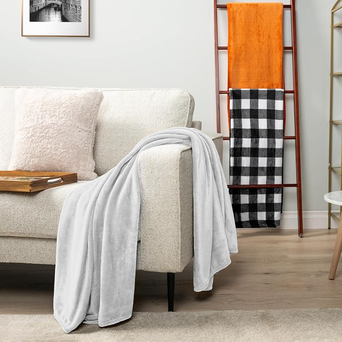 PAVILIA White Fleece Throw Blanket for Couch, Soft Fuzzy Flannel Throw for Sofa, Luxury Plush Microfiber Bed Blanket, Cozy Home Decorative Velvet Gift Blanket, 50x60