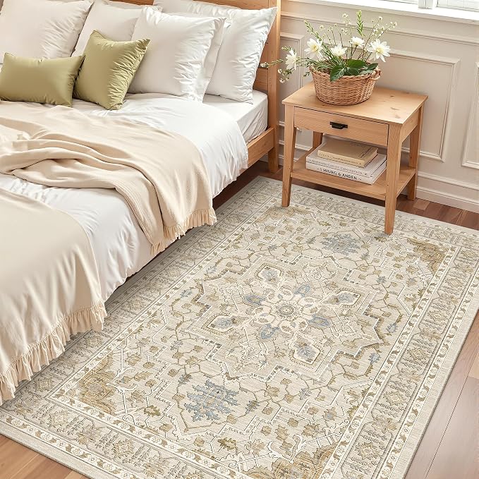 Madane Area Rug 4x6 Washable Rugs Vintage for Living Room, Beige/Blue | Ultra-Thin Stain Resistant Vintage Large 4'X6' Carpet, Low-Pile Floor Mat For Bedroom Dining Room Office Home Decor