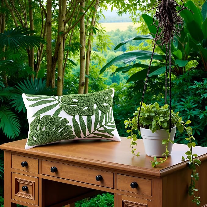 Embroidered Throw Pillow Covers 12x20 Set of 2 Green Botanical Leaf