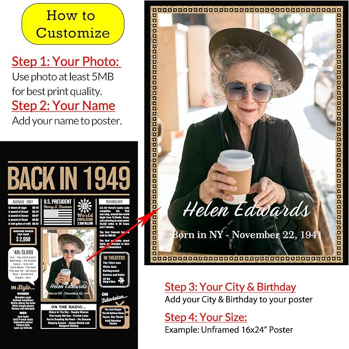 Hexadecor Personalized 76th Birthday Party Decorations Men, Women, Him, Her - Custom Gifts Idea For 76 Years Old, Back In The Year You Born Newspaper For 76th Birthday Poster No Frame Black Gold