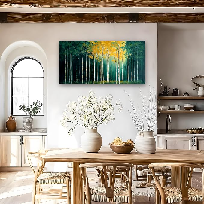 40x20 Inch Birch Tree Canvas Wall Art, Large Panoramic Autumn Forest Painting, Textured Green & Yellow Landscape Wall Decor, Framed Modern Nature Artwork for Living Room Bedroom Office Home Decoration