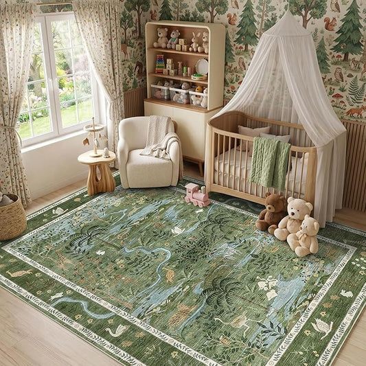 4x6 Whimsical Safari Nursery Area Rug Washable Non Slip Small Living Room Rugs Low Pile Animal Print Girs Bedroom Green Throw Carpet Forest Fairy Tale Area Rugs for Entry Kids Room, Green