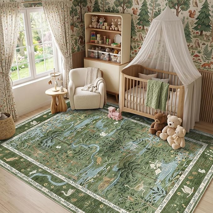 Washable Area Rug 5x7 Green Animal Print Rugs for Nursery Non Slip Stain Resistant Forest Fairy Tale Throw Carpet Low Pile Whimsical Safari Area Rugs for Entryway Girls Bedroom Dining Room, Green