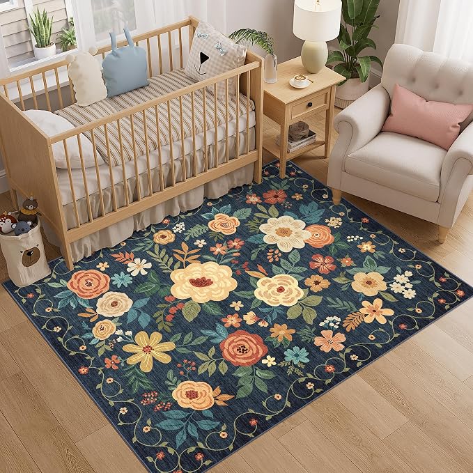 DUKINO 4x5 Area Rug for Entryway, Floral Washable Rug Non Slip, Navy Blue | Low Pile, Lightweight, Soft Indoor Carpet for Bedroom, Kitchen, Living Room, Nursery, Pet Friendly, Non-Shedding, Home Decor