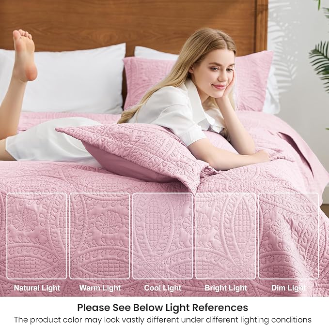 Love's cabin Quilts for Full Bed Pink Bedspreads Bedding Set - Lightweight Bedspread Comforter - Coin Pattern Bedding Coverlet for All Season - 3 Pieces (1 Quilt, 2 Pillow Shams)