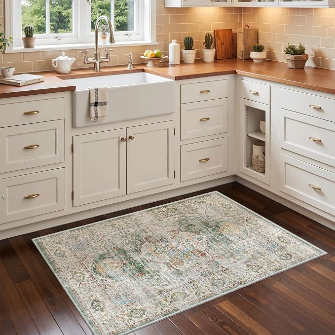 Madane Washable Area Rug 2x3 Small Entryway Rugs Non-Slip, Green | Vintage Stain-Resistant Door Mat Indoor Entrance, Low Pile Floor Carpet for Inside Front Bedroom Kitchen Entry Laundry, Stair