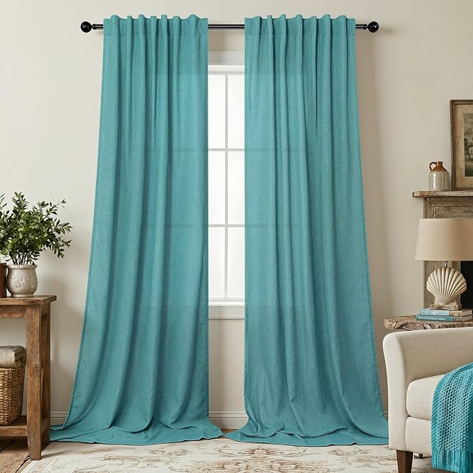 Pitalk Light Filtering Teal Sheer Curtains 108 Inches Long 2 Panels Set for Living Room Linen Semi Sheer Voile Light Weight Floor to Ceiling Turquoise Aqua Blue Green Drape for Bedroom 52x108 Back Tab