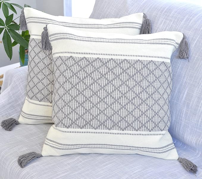 Gray 16x16 Pillow Covers - Set of 2 / Decorative Grey Boho Tassels Indoor Outdoor Cushion Covers Checkrered Geometric Pattern / Farmhouse Designer Woven PillowCases/ Modern Accent Throw PillowCovers