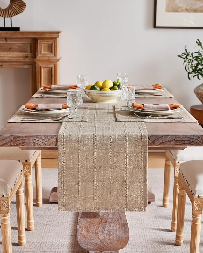 ZeeMart Linen Checked Farmhouse Table Runner, 13x60 Inches Taupe | Raised Grid Design, Rich Woven Texture, Linen Blend Table Runners 60 Inches Long, Machine Washable, Boho Home Kitchen Decor
