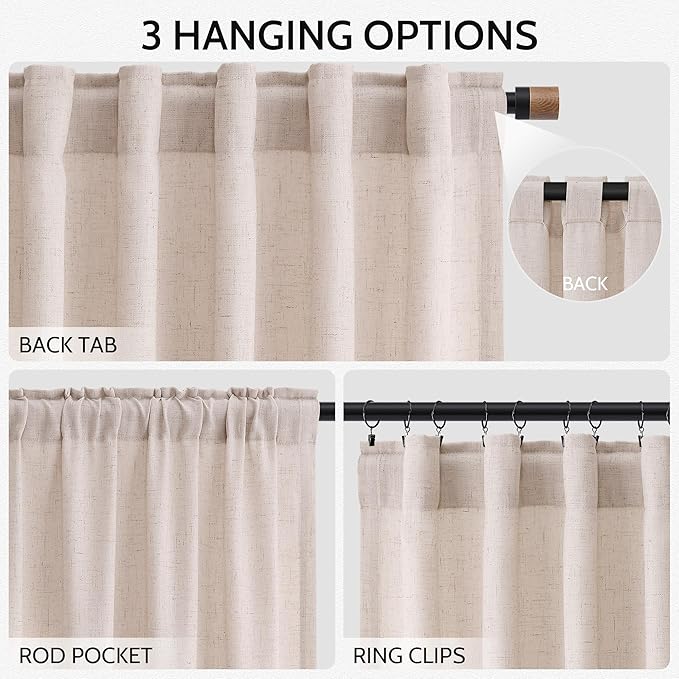 Natural White Linen Curtains 102 Inches Long for Living Room Light Filtering Farmhouse Decor Curtains Back Tab Neutral Privacy Sheer Curtain for Bedroom Office 52x102, 2 Panels