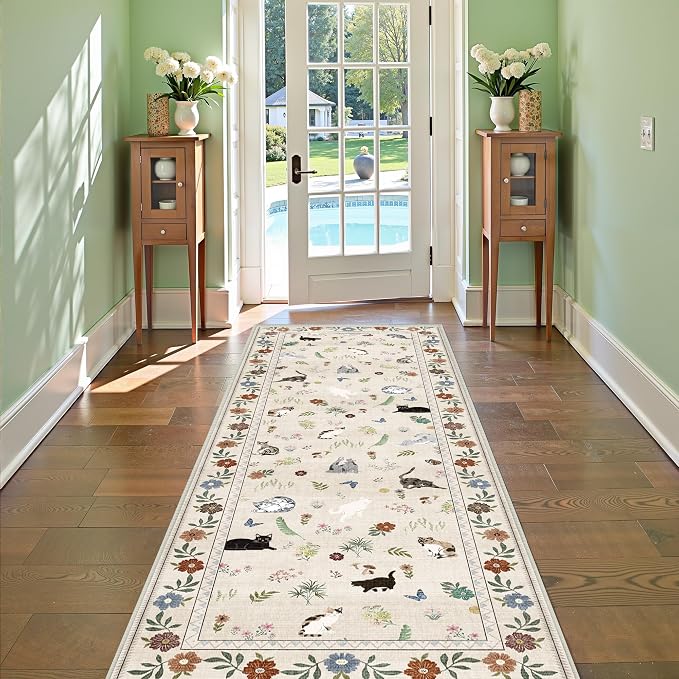 AIMPEAK 2x6 Non Slip Runner Rug - Washable Cat Floral Kitchen Carpet with Rubber Backing, Soft Low Pile Long Mat for Kitchen, Laundry Room, Bedroom, Bathroom, Hallway, Beige Multi