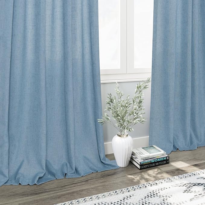 Blue Semi Sheer Linen Curtains 84 inch Length for Living Room Back Tab Modern Farmhouse Coastal Decor Stone Dusty Blue Cotton Textured Gauze Curtains for Dining Room Bedroom Blue Grey
