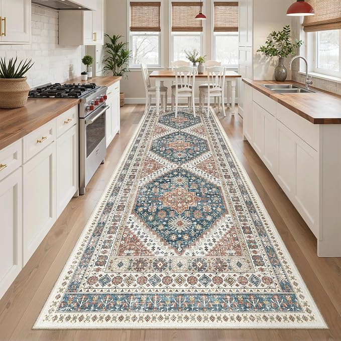 Madane Hallway Runner Rug 3x10 Washable Kitchen Runners 10ft, Navy Blue | Vintage Non-Slip Entryway Area Rugs Indoor, Low-Pile Farmhouse Wide Floor Carpet for Bathroom Living Room Bedroom