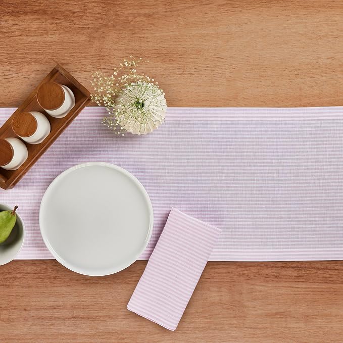 Solino Home 100% Pure Linen Table Runner, 14 x 48 in, Pink and White Stripe | Narrow Stripe, dresses up dining tables for everyday meals, European flax fibres, machine washable, soft, OEKO-TEX Certified