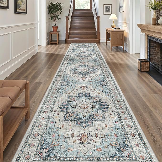 Madane Hallway Runner Rug 3x16 Washable Kitchen Runners Long, Blue | Vintage Non-Slip Wide Area Rugs 16ft for Entryway, Soft Thin Low-Pile Farmhouse Indoor Floor Carpet for Living Room Bedroom