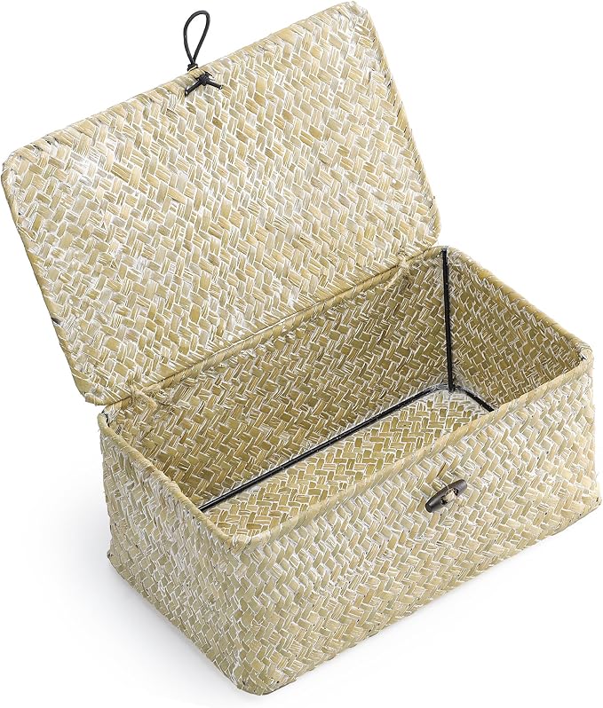 Nonam Small Wicker Basket with Lid,Seagrass Shelf Storage Basket,White | Basket Container for Organizing, Boho Decorative Basket, Rectangular Household Storage Boxes for Home Organization
