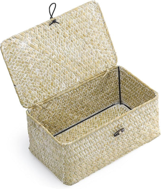 Nonam Small Wicker Basket with Lid,Seagrass Shelf Storage Basket,White | Basket Container for Organizing, Boho Decorative Basket, Rectangular Household Storage Boxes for Home Organization