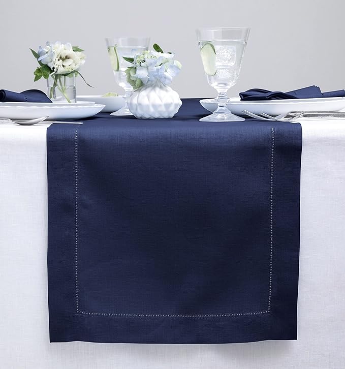 Solino Home 100% Pure Linen Dining Table Runner Navy Hemstitch, 14 x 144 in | Classic Hemstitch, a graceful centrepiece for dining and gatherings, hemstitched border, mitered corners, OEKO-TEX Certified