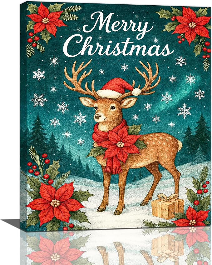 Reindeer Merry Christmas Wall Art Winter Reindeer Deer Poinsettia Canvas Wall Decor Elk Pictures Painting Print Framed Artwork Decorations Gifts for Living Room Bedroom Office 16"x20"