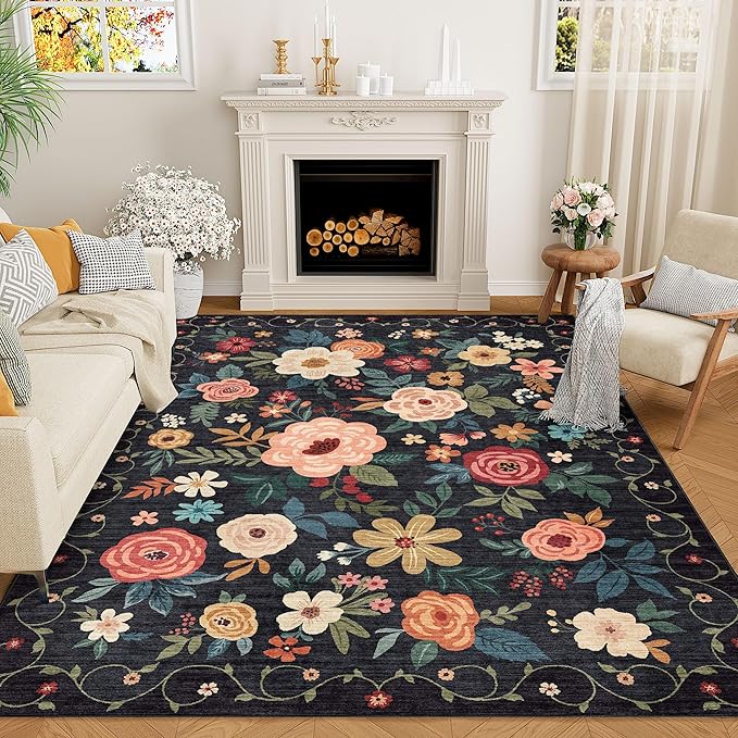 DUKINO 5x7 Area Rugs, Floral Washable Rug for Living Room Non Slip, Black | Soft, Low Pile, Stain Resistant Indoor Rug for Bedroom, Dining Room, Office, Pet Friendly, Lightweight, Modern Home Decor