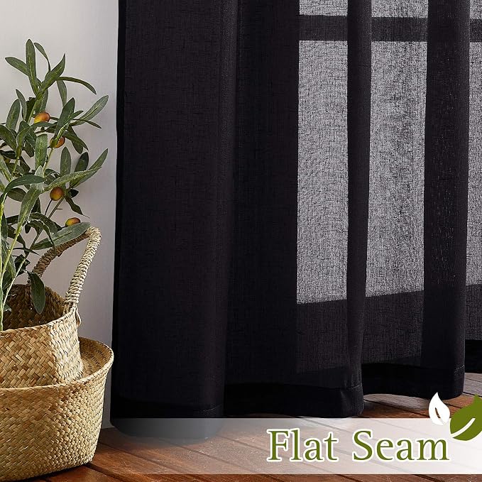 NICETOWN Classic Linen Weave Flax Sheer Window Curtains, Grommet Translucent Drapes Semitransparent Privacy with Light Through for Bedroom/Living Room, Black, W52 x L96, 2 Pieces