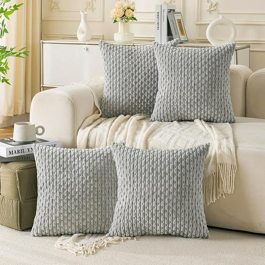Set of 4 Grey Decorative Throw Pillow Covers 18x18 Inch Corduroy Pillow Covers for Bed Couch Sofa Living Room Soft Square Cushion Cases