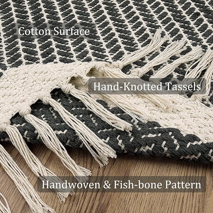 Lahome Boho Bathroom Runner Rug, 2x7 Washable Rugs for Hallway Kitchen | Woven Cotton Grey Bath Mats with Tassels, Farmhouse Decor Non Shedding Lightweight Carpet for Bedroom Laundry Room Entryway
